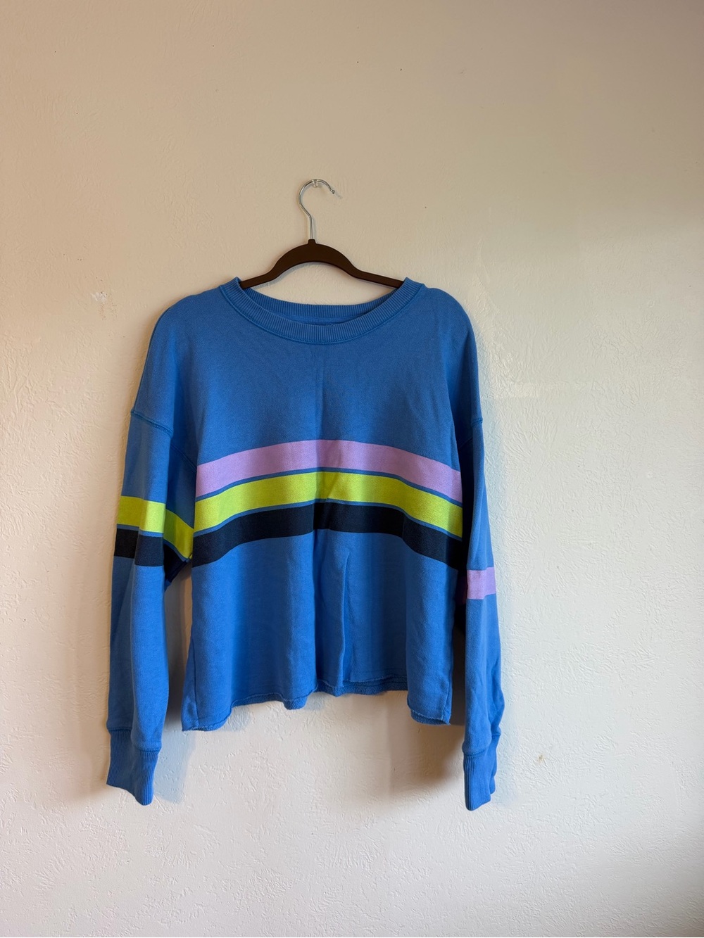 aerie Blue Crewneck Sweater with Pink, Yellow & Black Stripes